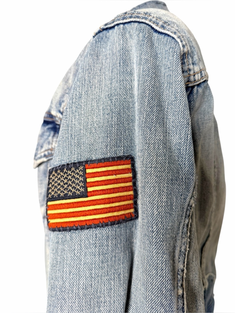 NWT Polo Ralph Lauren Distressed Denim Jacket Rose Embroidered Flag Patch Small - Picture 5 of 12